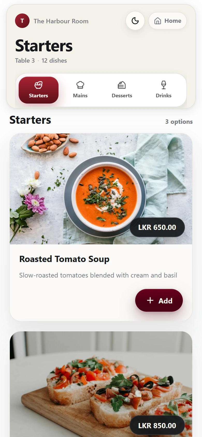 Ekka digital menu with starters, food photos and prices