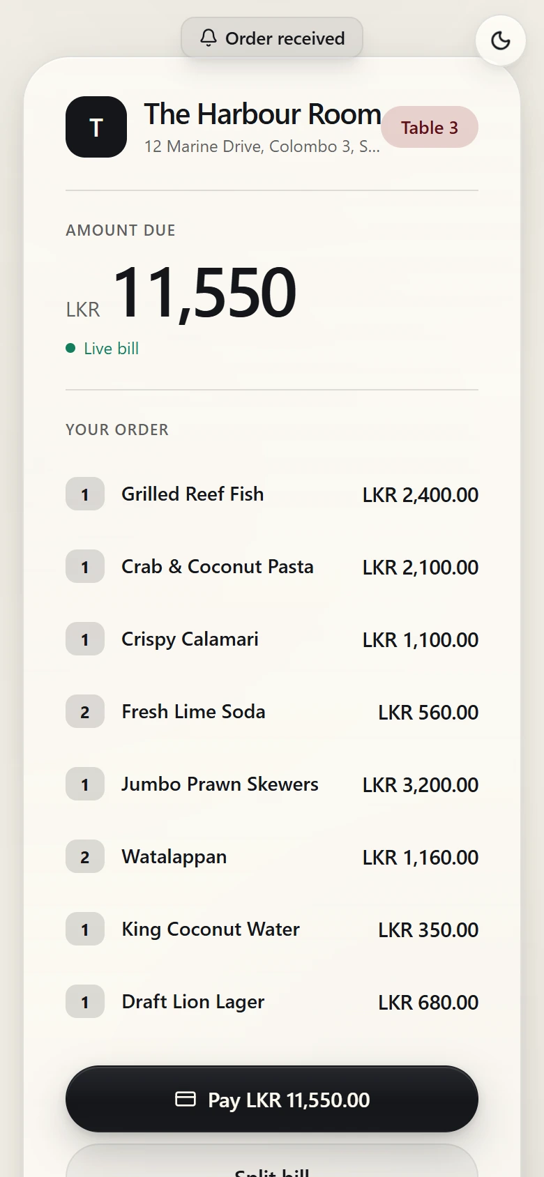 Ekka shared table bill listing every order for the table