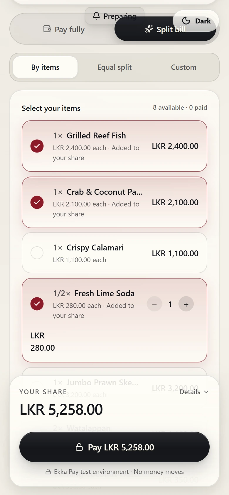 Ekka split by items screen with selected dishes