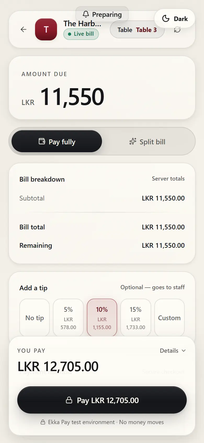 Ekka payment screen with optional tip selection